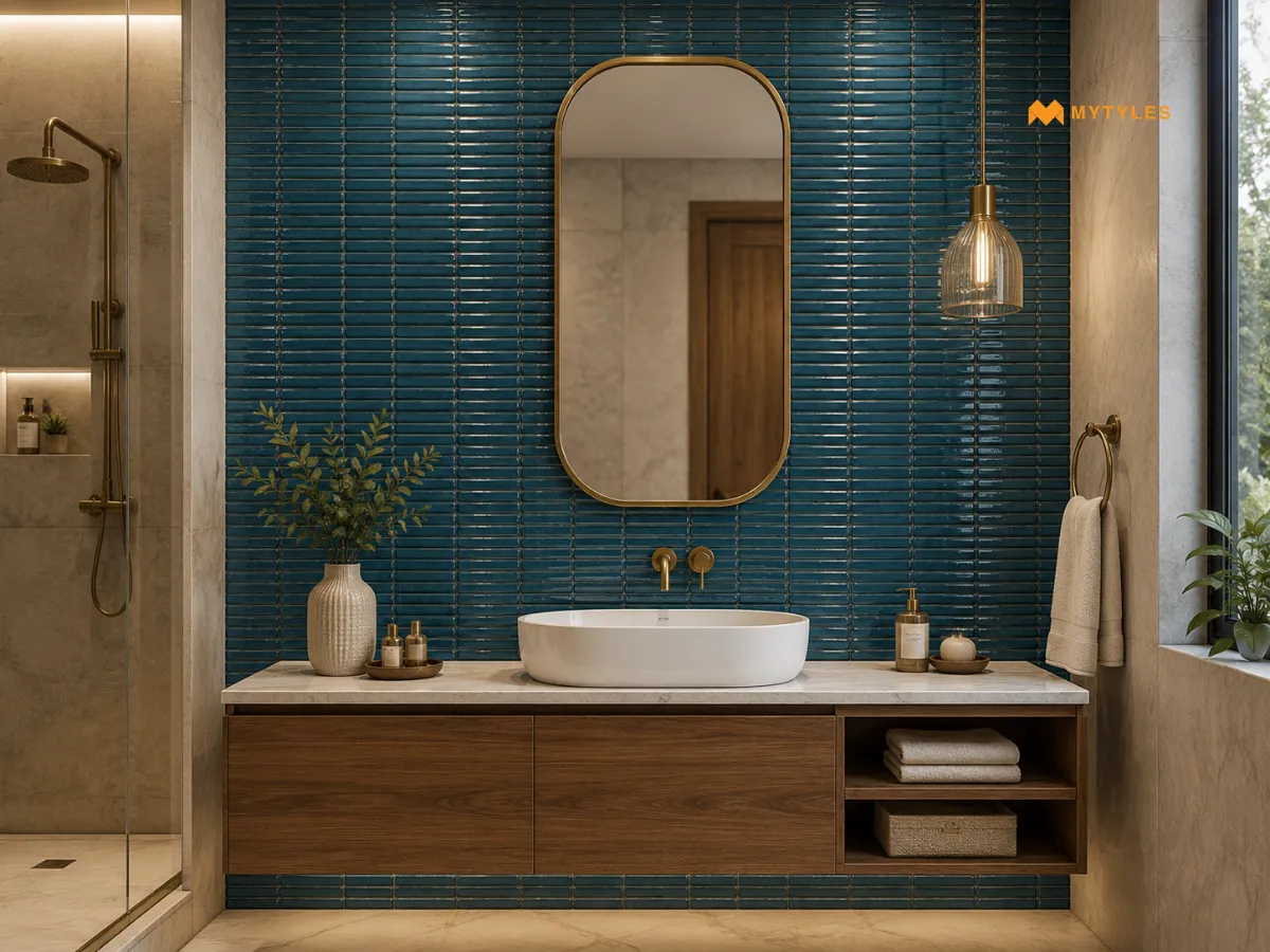 Deep Blue KitKat Tiles for a Striking Vanity Wall